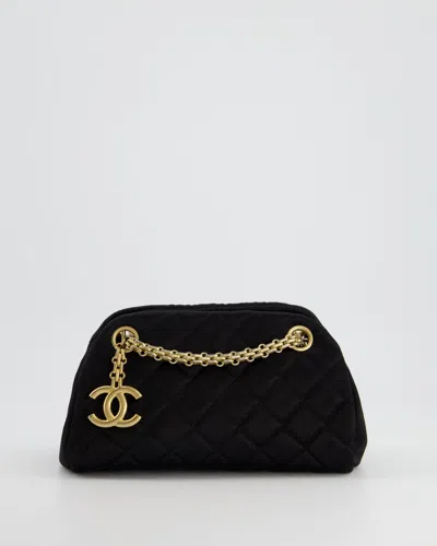Pre-owned Chanel Satin Mini Mademoiselle Shoulder Bag With Champagne Gold Hardware In Black