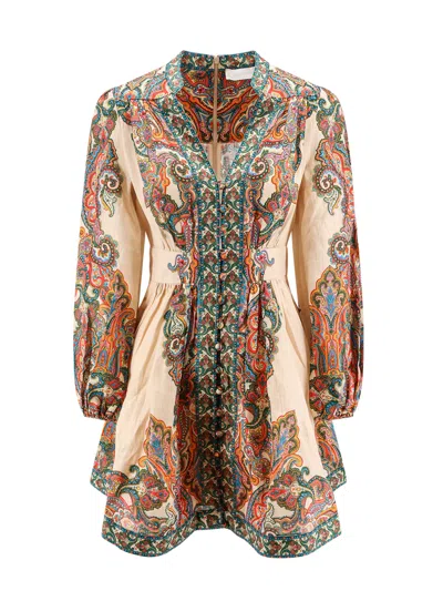 Zimmermann Linen Dress With Multicolor Paisley Motif In Brown