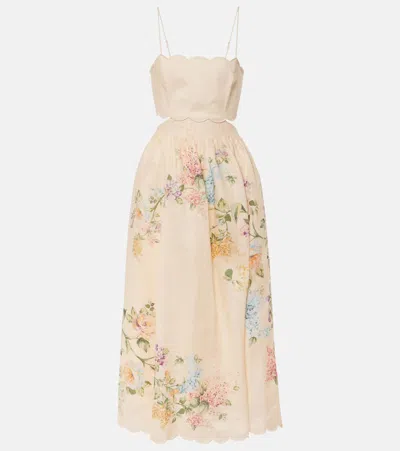 Zimmermann Halliday Sleeveless Linen Midi Dress In Cream Watercolour Floral
