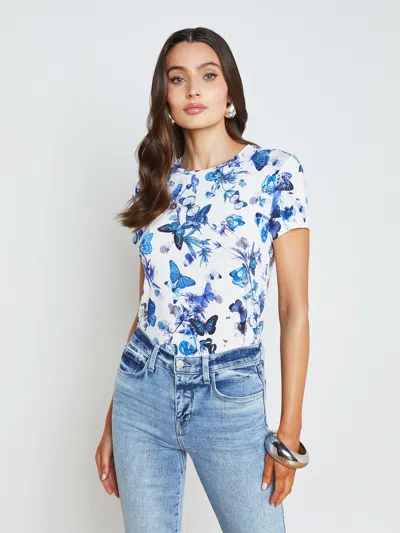 L Agence Ressi Fitted Tee In White/blue Tonal Butterflies