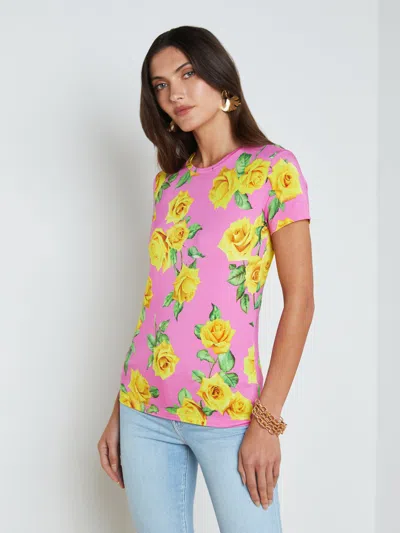 L Agence Ressi Fitted Tee In Shocking Pink/yellow Roses