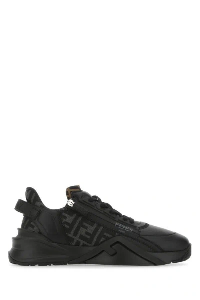 Fendi Man Multicolor Leather And Fabric Flow Sneakers In Black
