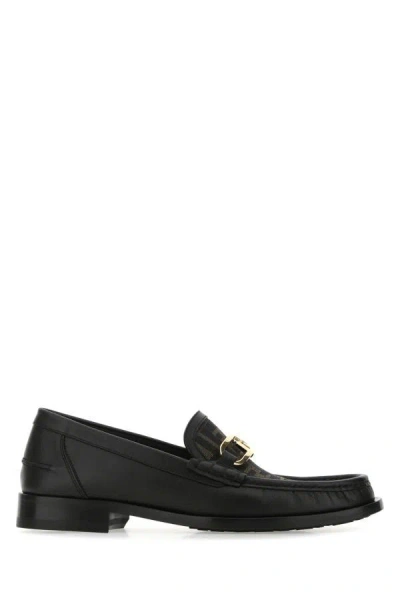 Fendi Man Multicolor Leather And Fabric Loafers In Black