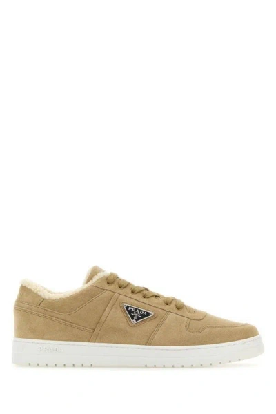 Prada Man Cappuccino Suede Downtown Sneakers In Brown