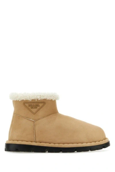 Prada Woman Beige Suede Ankle Boots In Brown