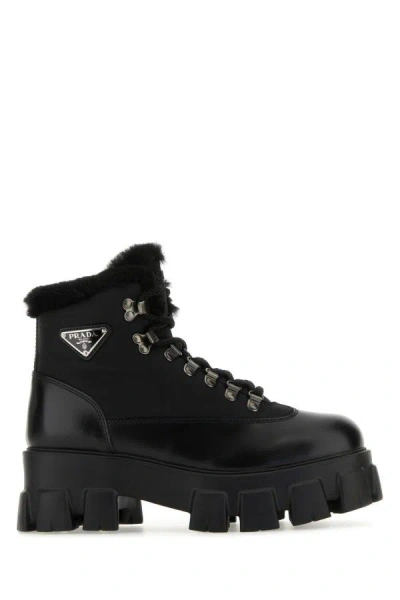 Prada Woman Black Leather And Nylon Monolith Ankle Boots