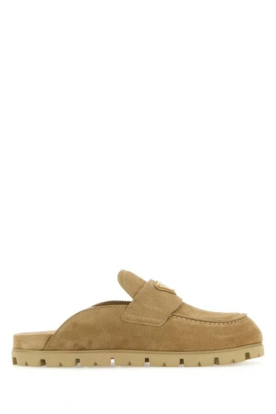Prada Woman Cappuccino Suede Slippers In Brown