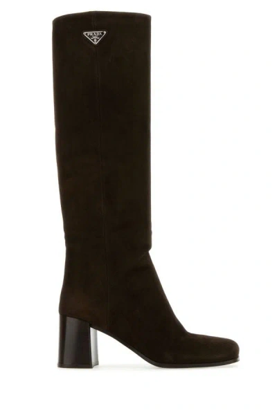 Prada Woman Dark Brown Suede Boots