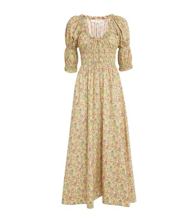 Doen Ischia Shirred Floral-print Cotton-voile Midi Dress In Yellow