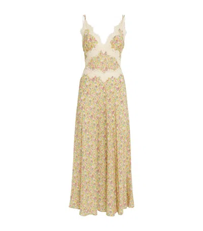 Doen Venus Corded Lace-trimmed Floral-print Silk-crepe Midi Dress In Yellow
