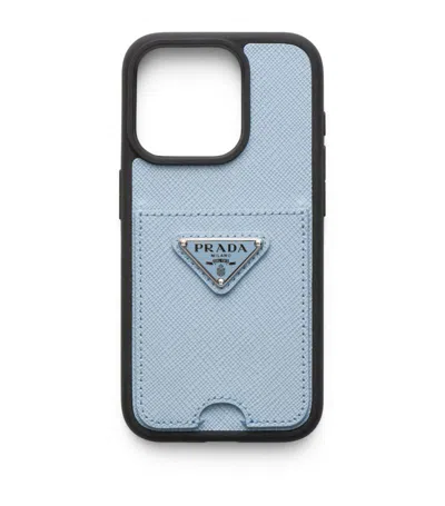 Prada Saffiano Leather Iphone Pro Max 14 Case In Blau