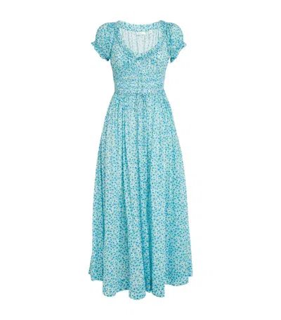 Doen Ashlynn Tie-detailed Floral-print Shirred Organic Cotton-voile Midi Dress In Blue