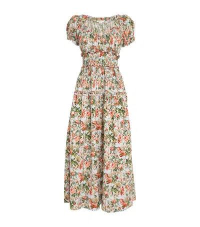 Doen Leanne Shirred Floral-print Cotton-voile Midi Dress In Blue