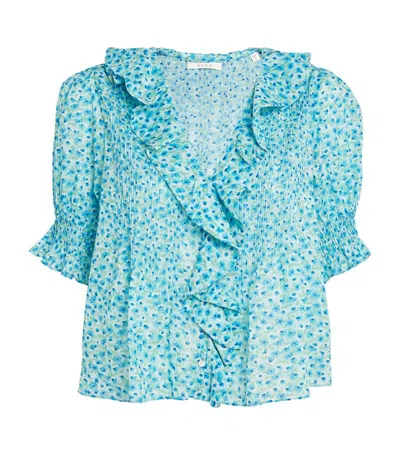 Doen Henri Ruffled Pintucked Floral-print Organic Cotton-voile Top In Blue
