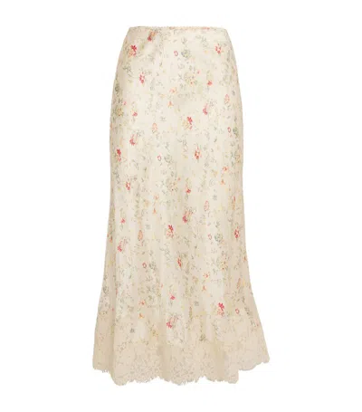 Doen Elowen Lace-trimmed Floral-print Silk-charmeuse Midi Skirt In Yellow