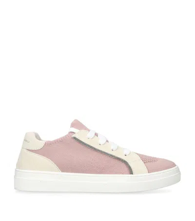 Brunello Cucinelli Kids' Knitted Cotton And Suede Sneakers In Pink
