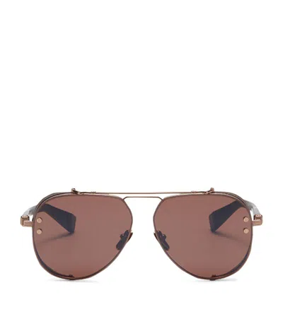 Balmain Eyewear Capitaine Pilot-frame Sunglasses In 褐色