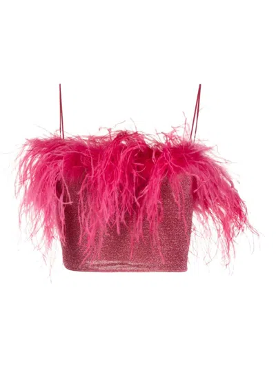 Oseree Lumière Cropped Feather-trimmed Metallic Knitted Top In Pink & Purple