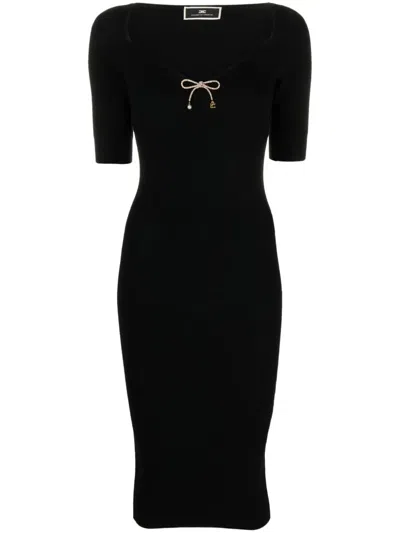 Elisabetta Franchi Wool Dress With Jeweled Bow In Black