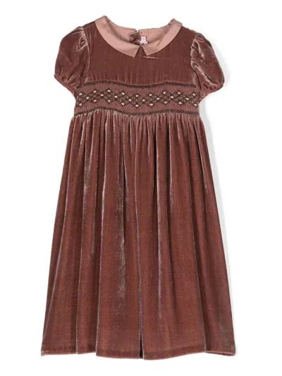 Bonpoint Kids' Short-sleeve Velvet Dress In Brown