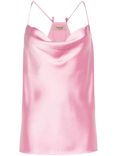 Twinset Satin Cowl Tank Top In Bright Pink