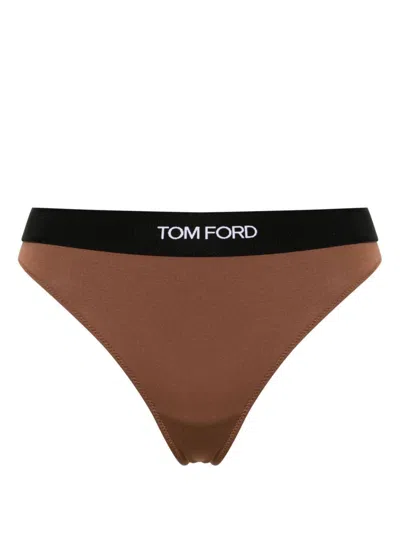 Tom Ford Logo-waistband Modal Thong In Brown