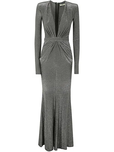 Elisabetta Franchi Long Dress With Side Drape In Grey