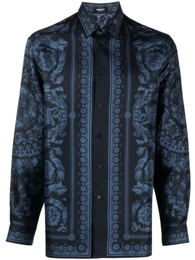Versace Informal Shirt Barocco Print Silk Twill Fabric In Blue
