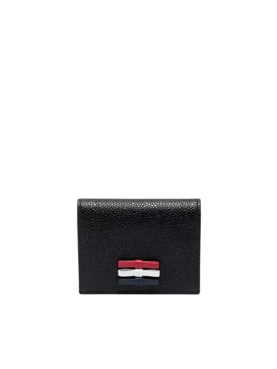 Thom Browne 3-bow Double Card Holder In Pebble Grain Leather - L10, H8 In Black