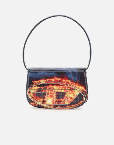 Diesel 1dr Patent Leather Shoulder Bag Sky And Fire Pattern In Blue