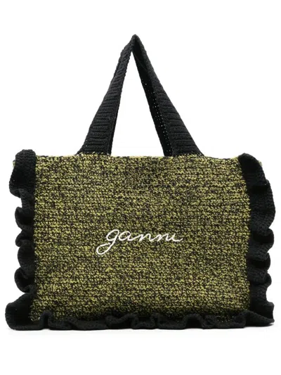 Ganni Embroidered-logo Knitted Tote Bag In Black