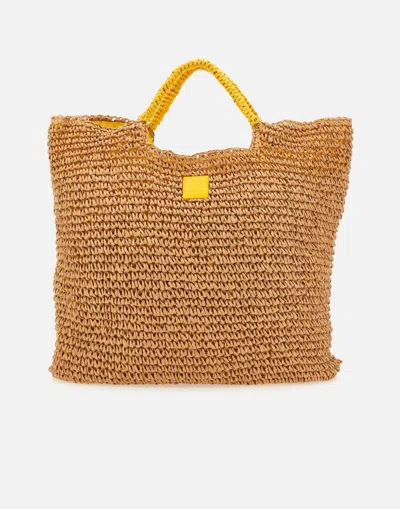 Sundek Big Straw Beach Bag With Yellow Lining In Beige/yellow
