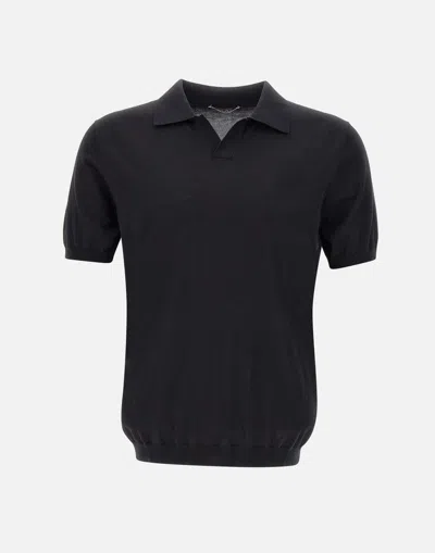 Kangra Cashmere Black Cotton Polo Shirt With V-neck Collar