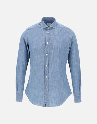 Eleventy Cotton Shirt In Light Blue Denim Effect Slim Fit