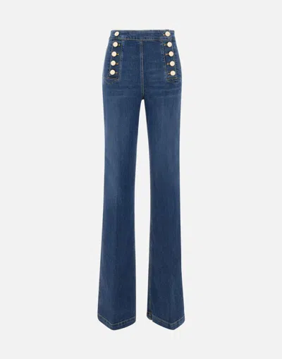 Elisabetta Franchi Dark Denim High Waist Sailor Button Jeans In Blue