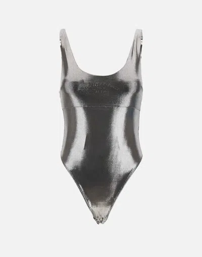 Elisabetta Franchi Lead-colored Metallic Events Bodysuit With Front Logo In Grey
