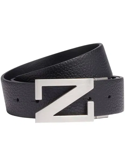 Zegna Black Grained Leather And Black Leather Reversible Belt In Noir