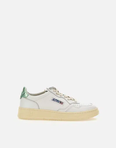 Autry Ll62 Leather Sneakers With Metallic Green Heel In White