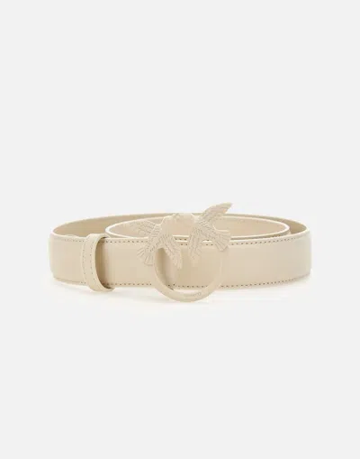 Pinko Love Berry Cream Leather Belt With Love Birds Buckle In Green
