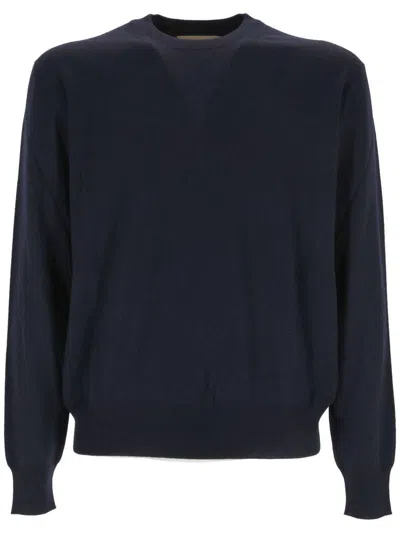 Gucci Logo Embroidered Knit Sweater In Dark Blue/ivory