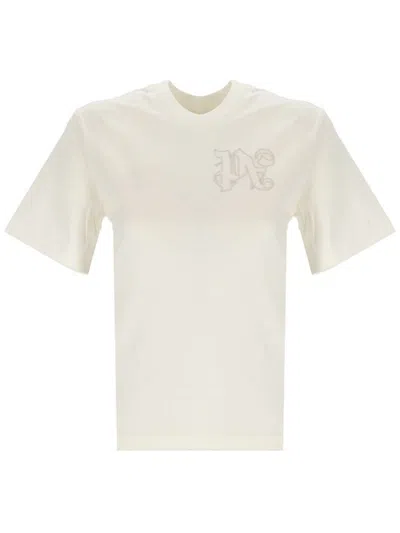 Palm Angels Logo-embroidered Cotton T-shirt In Neutrals