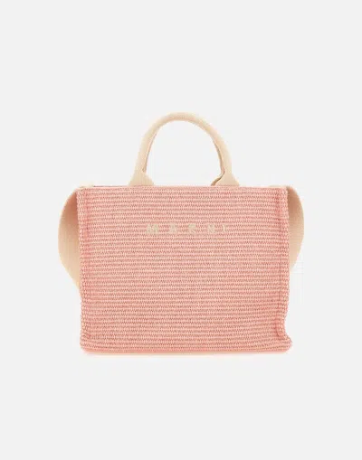 Marni Pink Raffia Tote Bag With Gold Metallic Finishes