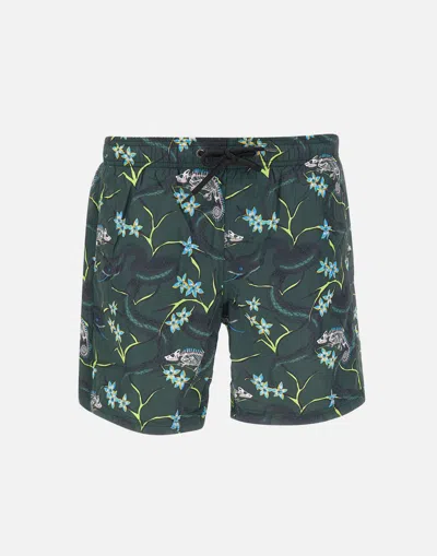 Sundek Printed Boards Green Swimsuit With Flower And Snake Pattern