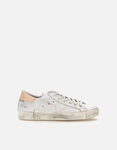 Philippe Model Prsx Low Leather Sneakers In White-pink In White-rose