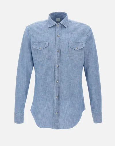 Eleventy Superfine Cotton Denim Blue Shirt With Classic Collar