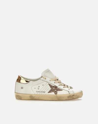 Golden Goose Superstar Classic White Leather Sneakers With Glittery Star And Rose Gold Detail