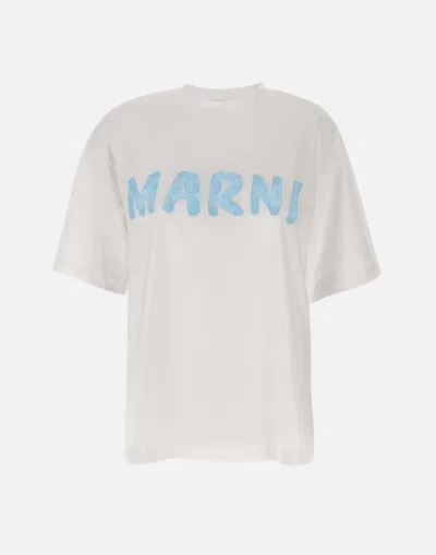 Marni White Organic Cotton T-shirt With Blue Logo Print