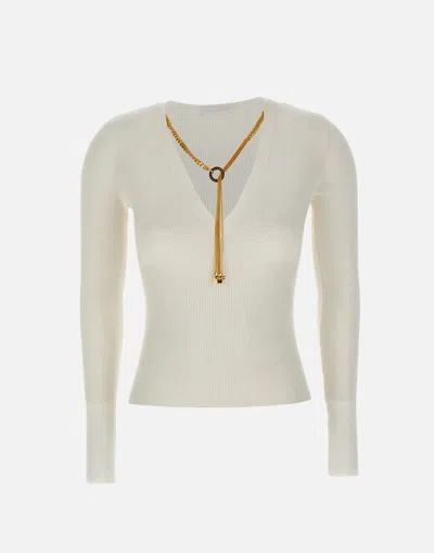 Elisabetta Franchi White Ribbed Events Sweater With Gold Necklace