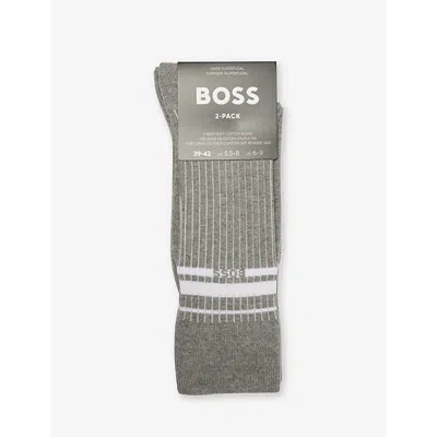 Hugo Boss Boss Mens Silver Stripe-pattern Pack Of Two Stretch-cotton Blend Socks