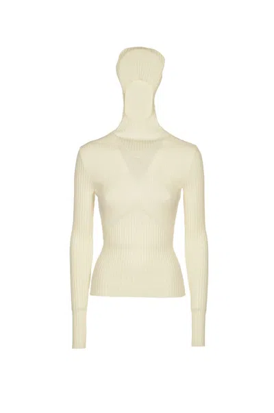Andreädamo Ribbed Knit Hoodie Top In White